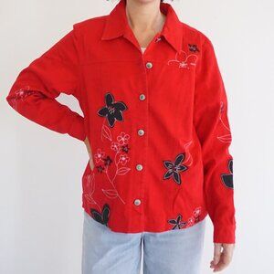 Vintage Coldwater Creek Red Floral Embroidered Cotton Button Boho Jacket L
